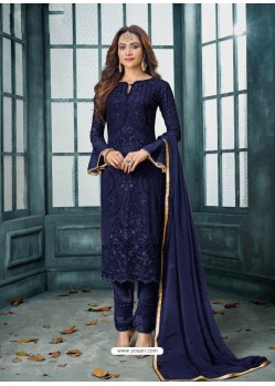Navy Blue Designer Party Wear Heavy Faux Georgette Straight Salwar Suit