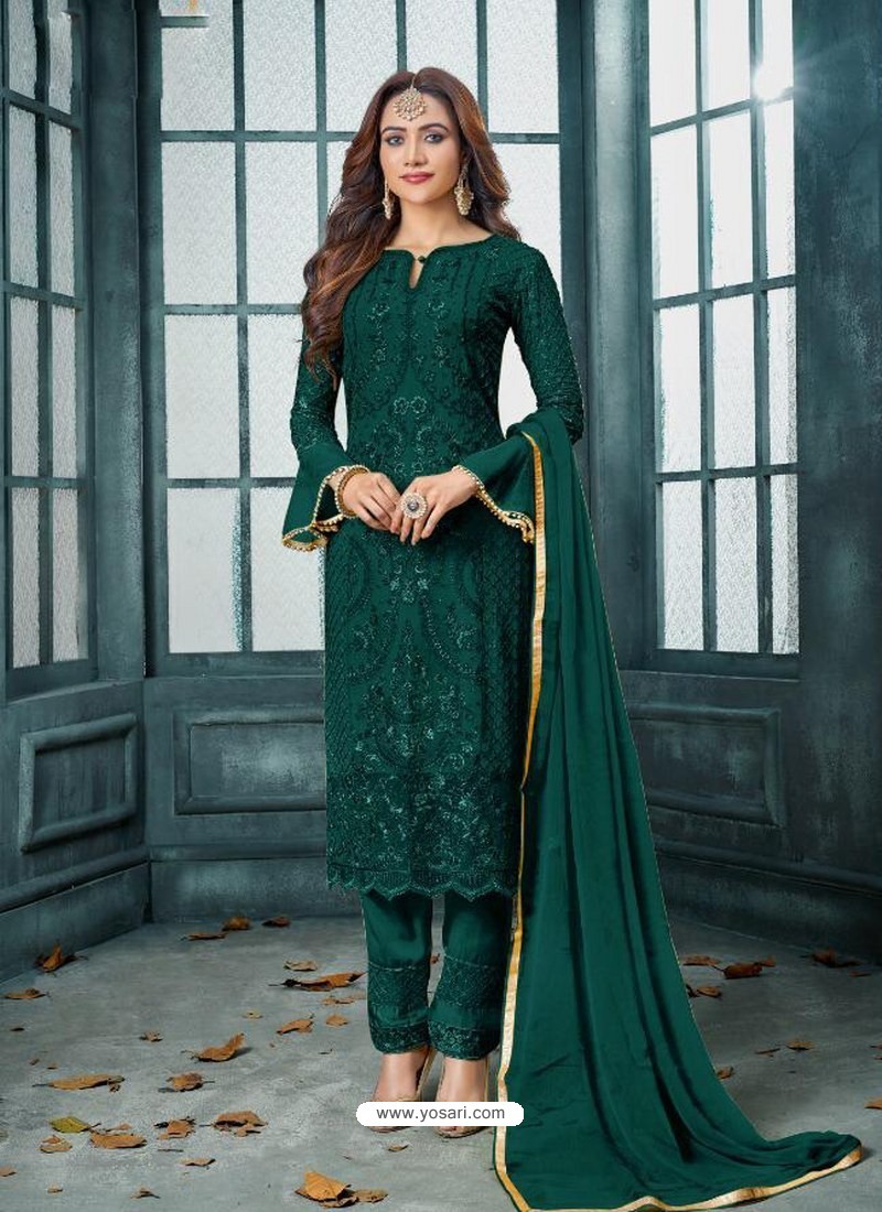 Green Straight Salwar Kameez Party wear Georgette Designer Suit fabric for Girls 