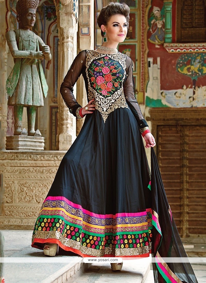 Lovely Black Georgette Resham Anarkali Suits