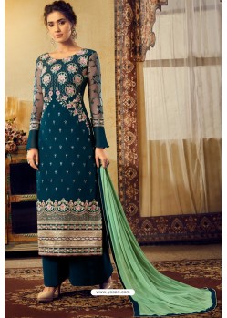 Teal Blue Designer Party Wear Viscose Georgette Palazzo Salwar Suit