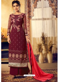 Maroon Designer Party Wear Viscose Georgette Palazzo Salwar Suit