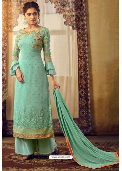 Sea Green Designer Party Wear Viscose Georgette Palazzo Salwar Suit