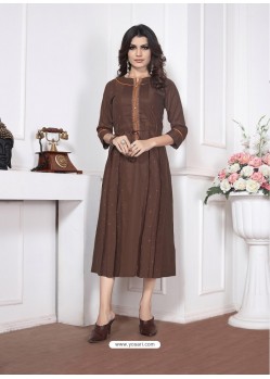 Brown Readymade Designer Party Wear Silk Cotton Kurti For Girls