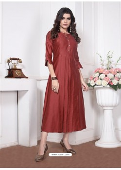 Maroon Readymade Designer Party Wear Silk Cotton Kurti For Girls