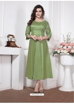 Green Readymade Designer Party Wear Silk Cotton Kurti For Girls