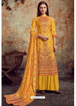 Yellow Designer Party Wear Wool Pashmina Jacquard Palazzo Salwar Suit