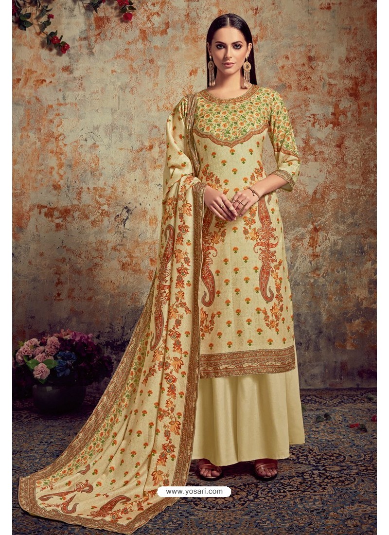 Buy Khaki Designer Party Wear Wool Pashmina Jacquard Palazzo Salwar ...