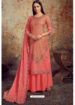 Peach Designer Party Wear Wool Pashmina Jacquard Palazzo Salwar Suit