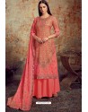 Peach Designer Party Wear Wool Pashmina Jacquard Palazzo Salwar Suit