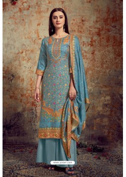 Blue Designer Party Wear Wool Pashmina Jacquard Palazzo Salwar Suit