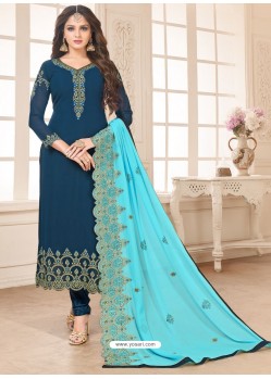 Peacock Blue Designer Party Wear Georgette Churidar Salwar Suit