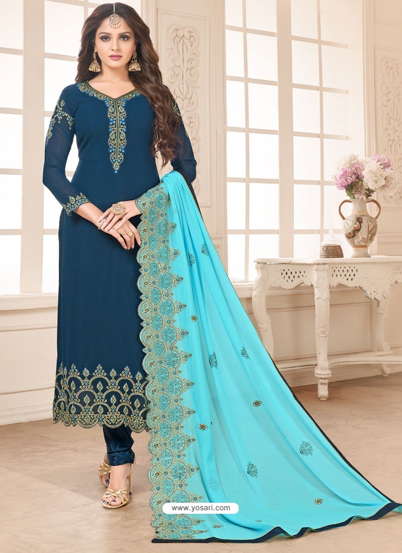 Wedding Wear Peacock Blue Embroidered Dress Material
