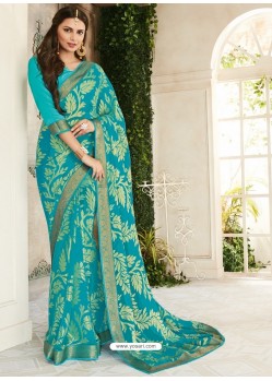 Turquoise Party Wear Designer Brasso Embroidered Sari