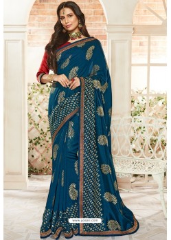 Teal Blue Party Wear Designer Brasso Embroidered Sari