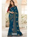 Teal Blue Party Wear Designer Brasso Embroidered Sari