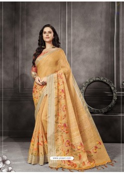 Light Orange Party Wear Designer Digital Printed Linen Sari