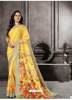 Yellow Party Wear Designer Digital Printed Linen Sari