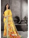 Yellow Party Wear Designer Digital Printed Linen Sari