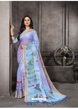 Blue Party Wear Designer Digital Printed Linen Sari