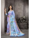 Blue Party Wear Designer Digital Printed Linen Sari