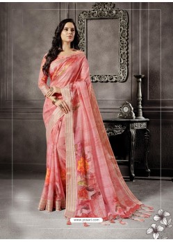 Peach Party Wear Designer Digital Printed Linen Sari