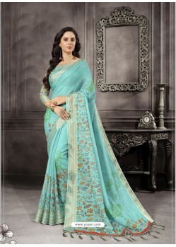 Sky Blue Party Wear Designer Digital Printed Linen Sari