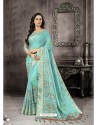 Sky Blue Party Wear Designer Digital Printed Linen Sari