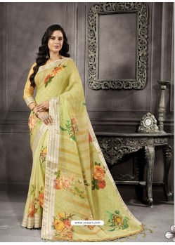 Green Party Wear Designer Digital Printed Linen Sari