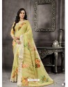 Green Party Wear Designer Digital Printed Linen Sari