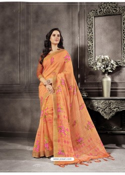 Orange Party Wear Designer Digital Printed Linen Sari