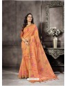 Orange Party Wear Designer Digital Printed Linen Sari