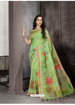 Green Party Wear Designer Digital Printed Linen Sari