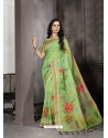 Green Party Wear Designer Digital Printed Linen Sari