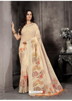 Light Beige Party Wear Designer Digital Printed Linen Sari