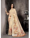 Light Beige Party Wear Designer Digital Printed Linen Sari