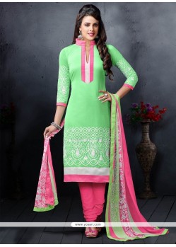 Fine Chanderi Cotton Green Embroidered Work Churidar Salwar Suit
