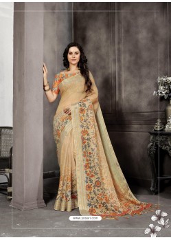 Light Beige Party Wear Designer Digital Printed Linen Sari