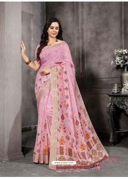 Pink Party Wear Designer Digital Printed Linen Sari