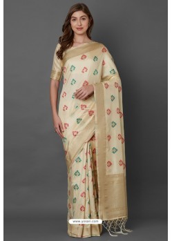 Cream Party Wear Designer Silk Embroidered Sari