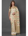 Cream Party Wear Designer Silk Embroidered Sari