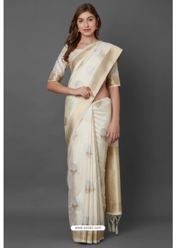 Off White Party Wear Designer Silk Embroidered Sari