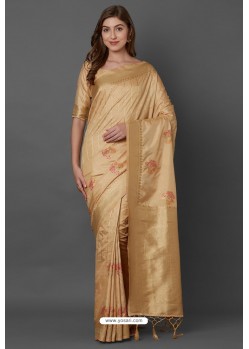 Beige Party Wear Designer Silk Embroidered Sari