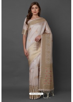 Light Grey Party Wear Designer Silk Embroidered Sari