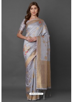 Silver Party Wear Designer Silk Embroidered Sari