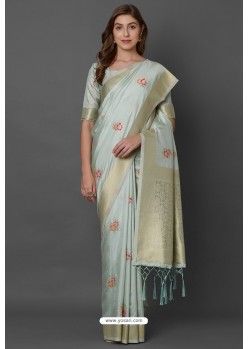 Grayish Green Party Wear Designer Silk Embroidered Sari