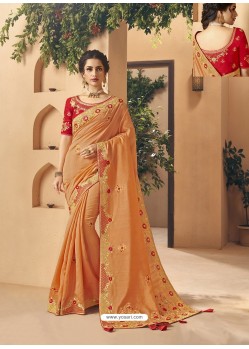 Light Orange Party Wear Designer Embroidered Art Silk Sari