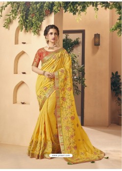 Yellow Party Wear Designer Embroidered Art Silk Sari