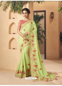 Green Party Wear Designer Embroidered Art Silk Sari