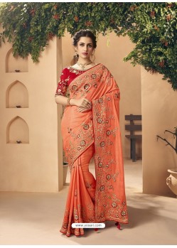 Light Orange Party Wear Designer Embroidered Art Silk Sari