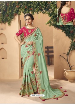 Sea Green Party Wear Designer Embroidered Art Silk Sari